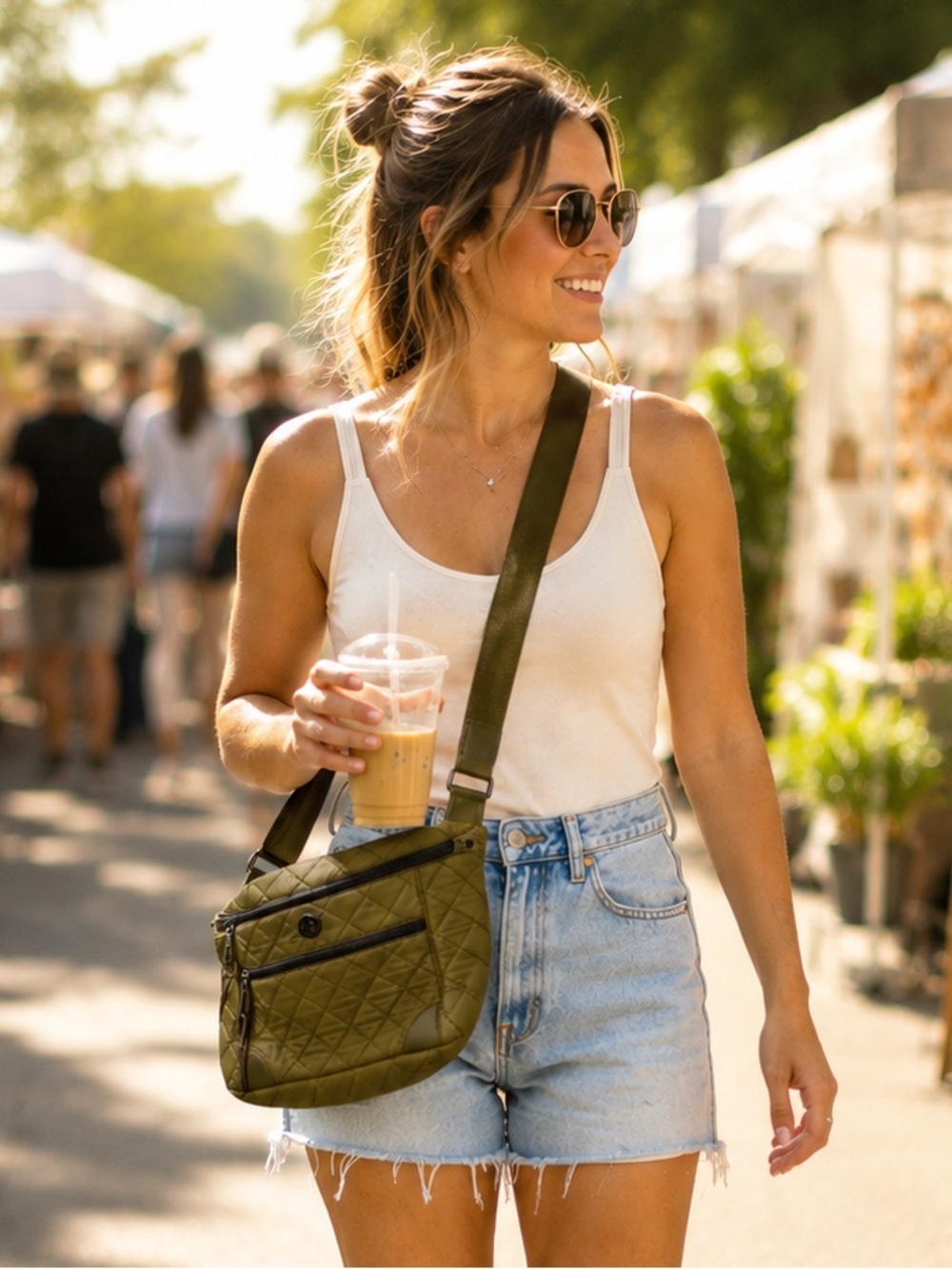 Quilted Olive Crossbody Bag for Women - Casual Everyday Shoulder Bag